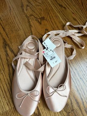 Zara Satin Ballet Flats in Light Pink with Wrap Ribbons